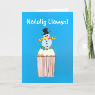 Fun Welsh Christmas Card, Cupcake with Snowman Holiday Card