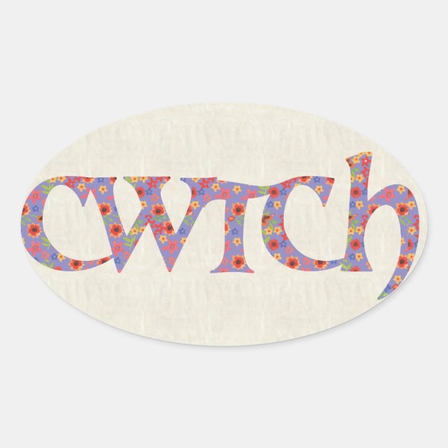 Fun Welsh Cwtch Stickers, Ditzy Flowers Oval Sticker (Front)
