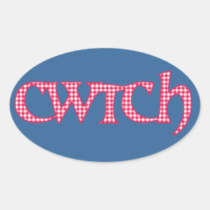 Fun Welsh Cwtch Stickers: Red Check Gingham Oval Sticker