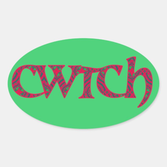 Fun Welsh Cwtch Stickers: Red, Green Pattern Oval Sticker (Front)