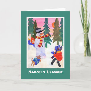 Fun Welsh Language Christmas Card, Snowman Holiday Card