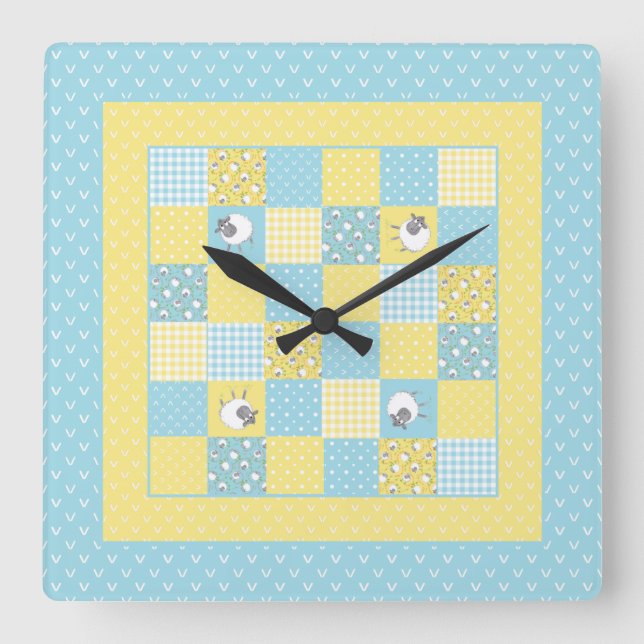Fun Welsh Sheep, Faux Patchwork, Square Wall Clock (Front)