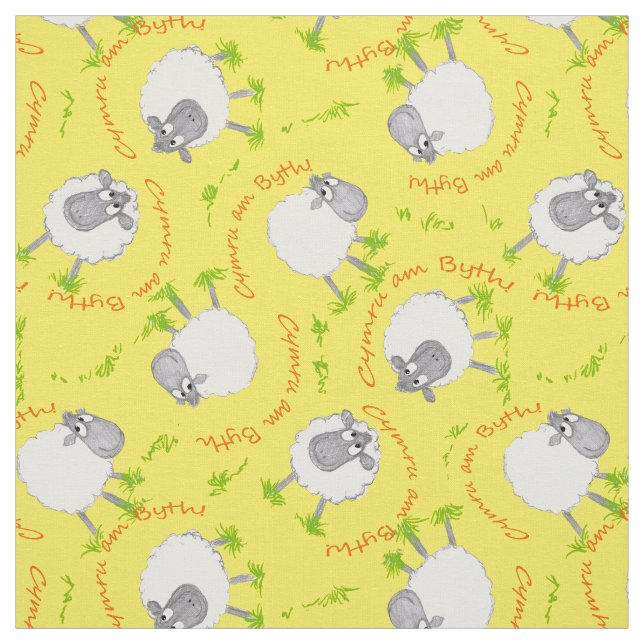 Fun Welsh Sheep on Yellow Pattern Custom Fabric (Swatch)