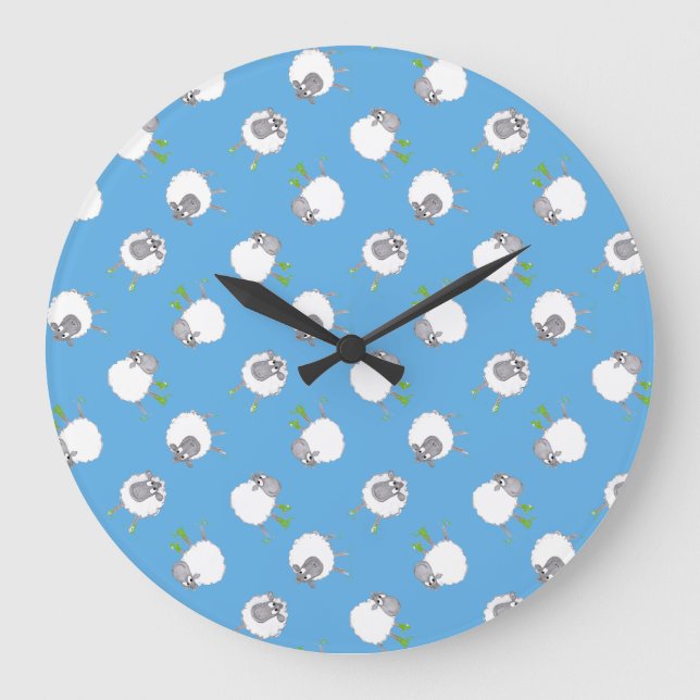 Fun Welsh Sheep Pattern on Sky Blue Background Large Clock (Front)