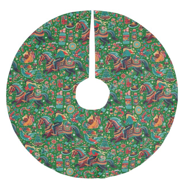 Fun Western Horse Christmas Green Brushed Polyester Tree Skirt (Front)
