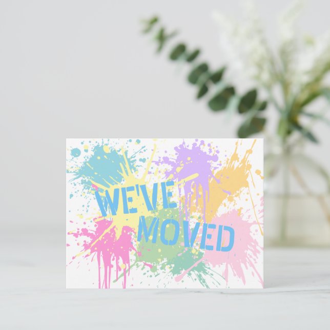 Fun We've Moved Pastel Paint Splash Postcard (Standing Front)