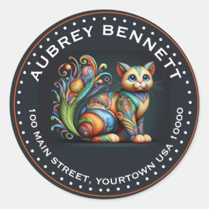 FUN WHIMISCIAL COLORFUL PAINTED CAT Name & Address Classic Round Sticker