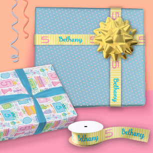 Fun Whimsical 5th Birthday Yellow Name Satin Ribbon