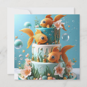 FUN WHIMSICAL BIG EYED GOLDFISH  BIRTHDAY CAKE CARD