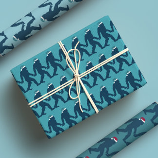Fun & Whimsical Bigfoot Santa Hat Blue Christmas Wrapping Paper Sheet
