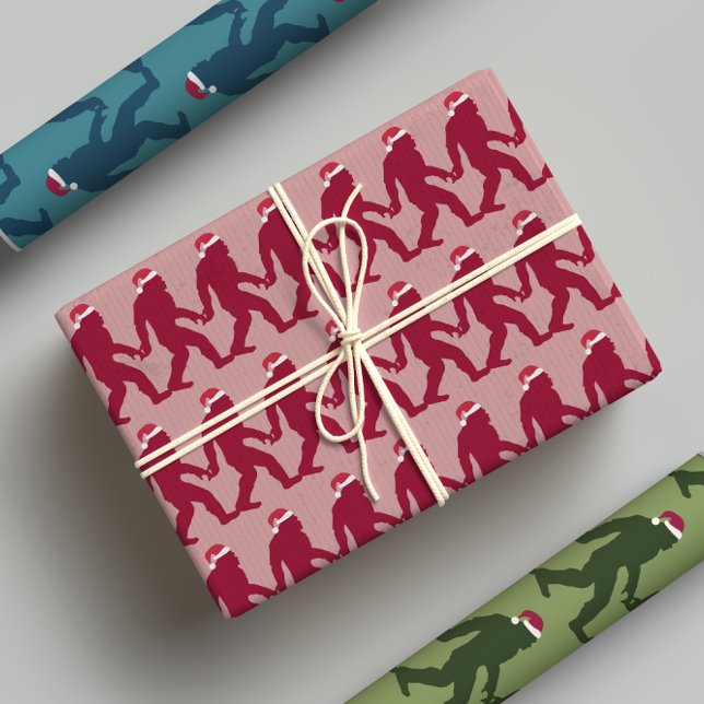 Fun & Whimsical Bigfoot Santa in Blue, Green, Red Wrapping Paper Sheet (Creator Uploaded)