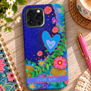 Fun Whimsical Blue Heart Floral Inspirivity Art iPhone 13 Pro Max Case