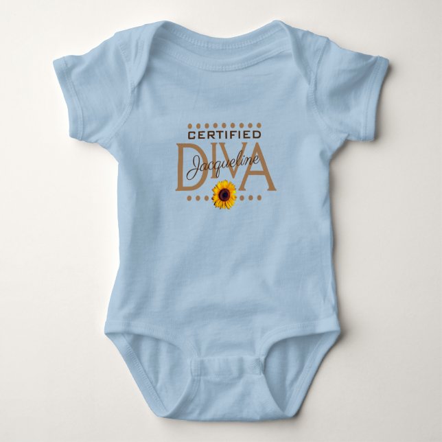 Fun Whimsical Certified DIVA BLUE Baby Bodysuit (Front)