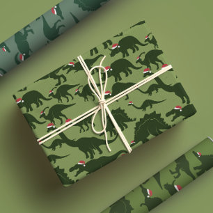 Fun & Whimsical Christmas Holiday Green Dinosaur Wrapping Paper Sheet