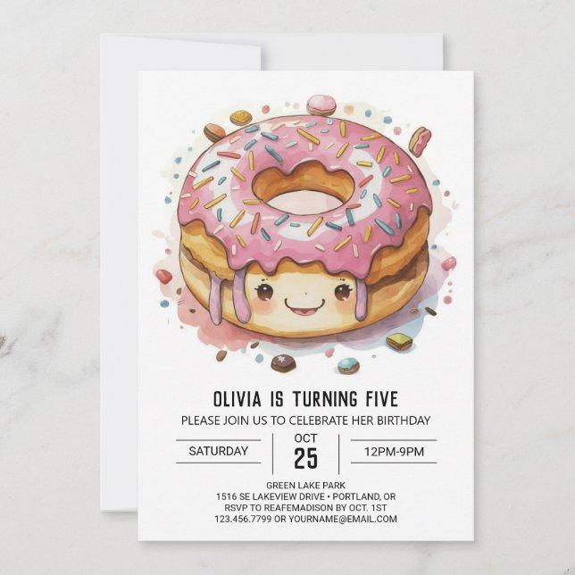 Fun Whimsical Doughnuts Birthday Invitation (Front)