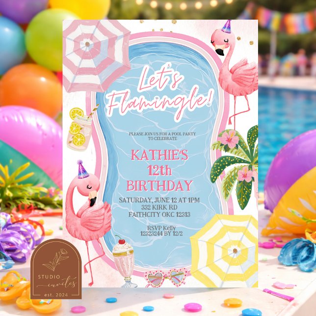 Fun Whimsical Flamingo Pool Birthday Party Invitation (Creator Uploaded)