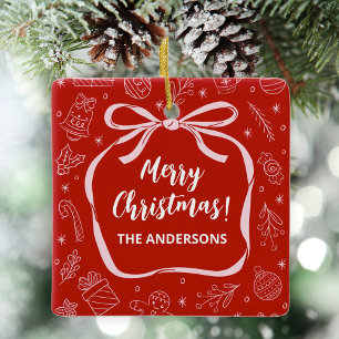 Fun Whimsical Hand Drawn Bow Christmas Ceramic Ornament