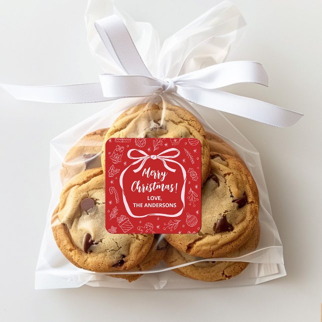 Fun Whimsical Hand Drawn Bow Christmas Square Sticker (A cute Christmas bow sticker for decorating your Christmas gifts. personalize it with your name.)