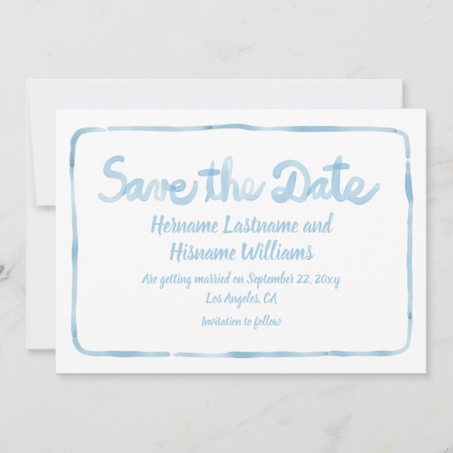 Fun Whimsical Hand Drawn Simple Light Blue White Save The Date (Front)