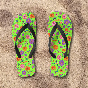 Fun Whimsical Hummingbirds Spring Flowers Pattern Flip Flops
