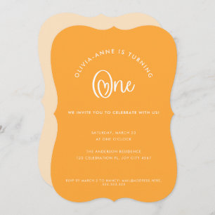 Fun Whimsical Orange Heart Script First Birthday Invitation