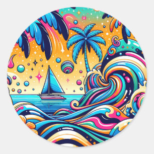 Fun Whimsical Psychedelic Sailboat Classic Round Sticker