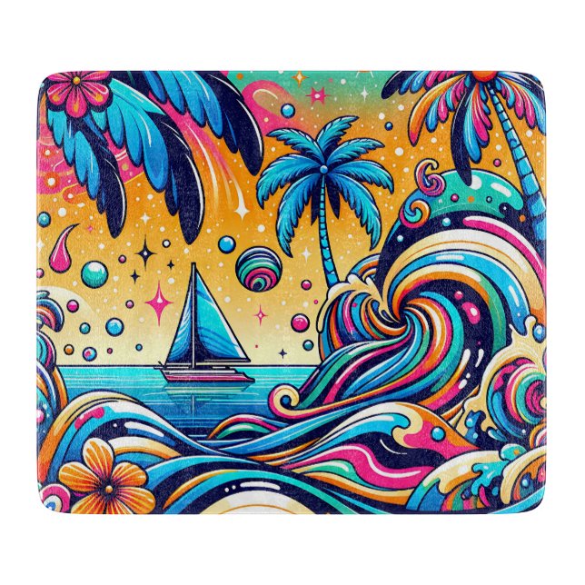 Fun Whimsical Psychedelic Sailboat  Cutting Board (Front)
