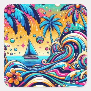 Fun Whimsical Psychedelic Sailboat Square Sticker