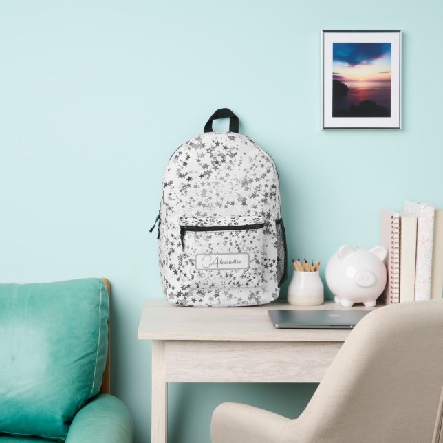 Fun Whimsical Silver Stars on White Personalised Printed Backpack (Insitu)