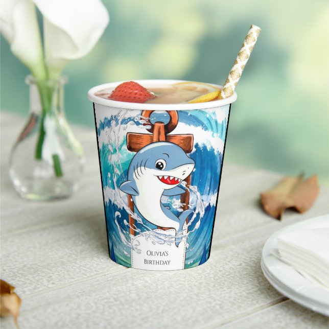 Fun Whimsical Simple Shark Birthday Paper Cups (Insitu)