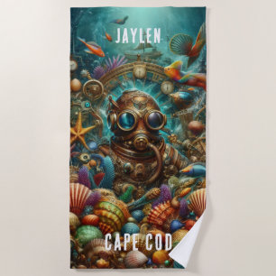 FUN WHIMSICAL STEAMPUNK DEEP SEA DIVER BEACH TOWEL