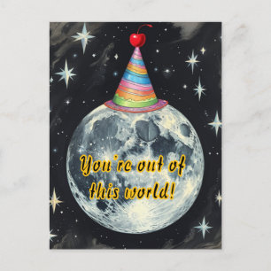 Fun & Whimsical with Moon in a Party hat birthday Postcard