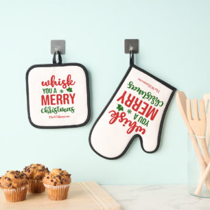 Fun Whisk You A Merry Christmas Green Red White Oven Mitt & Pot Holder Set