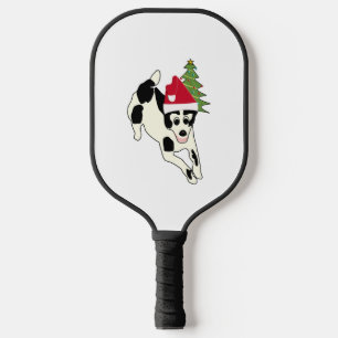 Fun White and Black Dog in Santa Hat   Pickleball Paddle