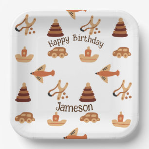 Fun White Brown Kids Toy Car Plane Boat Birthday Paper Plate