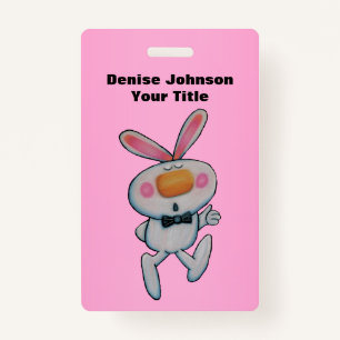 Fun White Bunny Thumbs Up sign Bow Tie Pink ID Badge