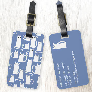 Fun White Cat on Blue Luggage Tag