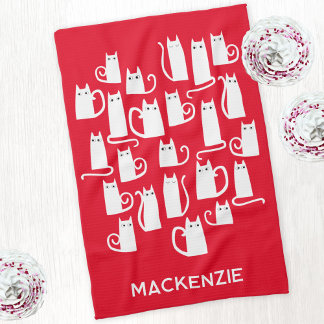 Fun White Cats Personalised Name Tea Towel
