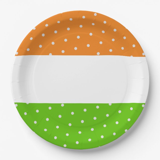 Fun White Dots Bright Tropical Lime Orange Stripes Paper Plate (Front)