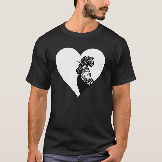 Fun White Heart Black Rooster Chicken Unisex T-Shirt (Front)