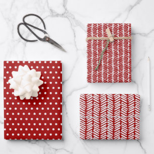 Fun White Polka Dots Chevron Stripes On Dark Red Wrapping Paper Sheet