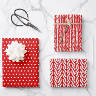 Fun White Polka Dots Chevron Stripes On Red Wrapping Paper Sheet