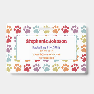 Fun White Rainbow Coloured Paw Prints Dog Walking  ID Badge