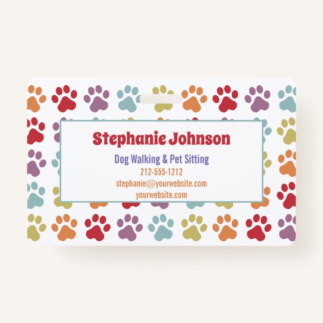 Fun White Rainbow Coloured Paw Prints Dog Walking  ID Badge (Front)