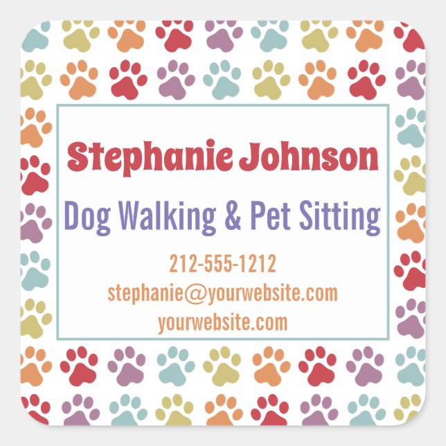 Fun White Rainbow Coloured Paw Prints Dog Walking Square Sticker (Front)