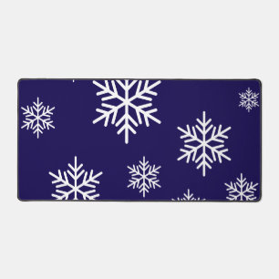Fun White Snowflakes On Modern Navy Blue Desk Mat
