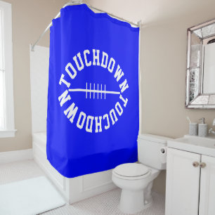 Fun White Sporty Football TOUCHDOWN On Bright Blue Shower Curtain