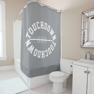 Fun White Sporty Football TOUCHDOWN On Modern Gray Shower Curtain