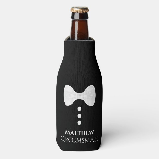 Fun White Tie Groomsman Wedding Foam Bottle Cooler (Bottle Front)