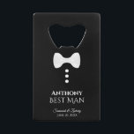 Fun White Tie Tuxedo Best Man Wedding<br><div class="desc">This fun bottle opener is designed as a gift for the Best Man. Features a fun design with a white tie and three buttons on a black background resembling a tuxedo. The text reads "Groomsman" with a place for his name, the wedding couple's names and wedding date. Great thank you...</div>